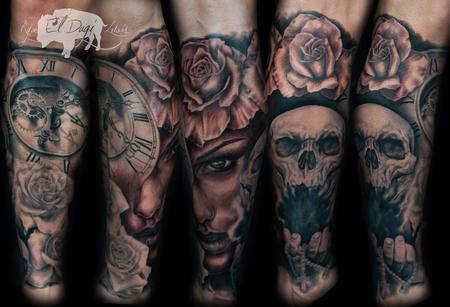 Clock Skull Rose Girl Leg Sleeve Tattoo Design Thumbnail